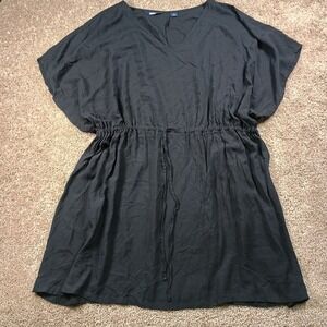 Lands End Black Cover Loose Flowy Dress Modal tie Cinch Lightweight V Neck M-L